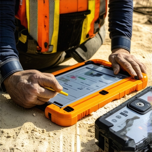 Construction worker calibrating laser level with a tablet to ensure long-term project accuracy.