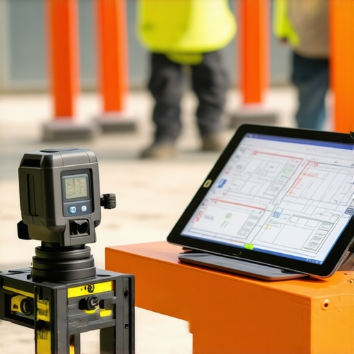 Construction workers utilizing laser levelers and tablets with digital plans on-site.