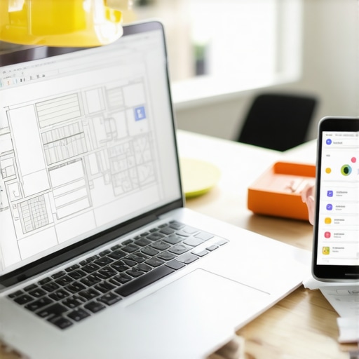 Modern Estimation Tools in Action Estimator working with digital tools on site, coordinating construction project details
