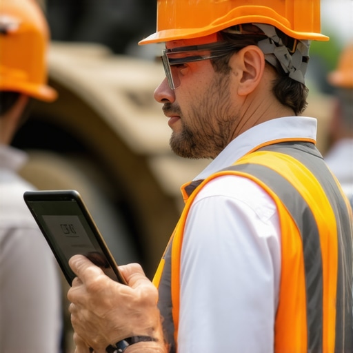 Worker and supervisor reviewing digital logs and photos on a construction site