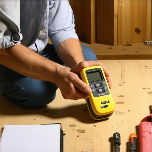 Homeowner inspecting attic framing with moisture meter.