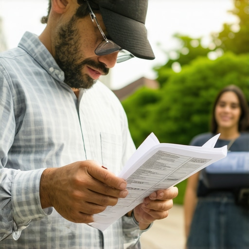 Homeowner consulting with city official over permit plans outside.