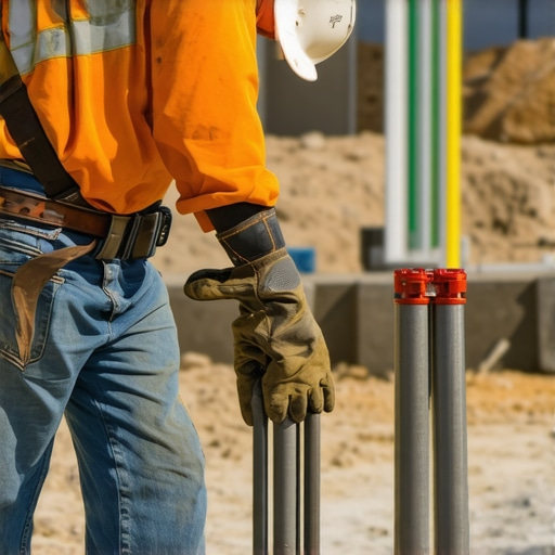 Pier Installation Process for Foundation Support Worker installing support piers in soil for foundation reinforcement.