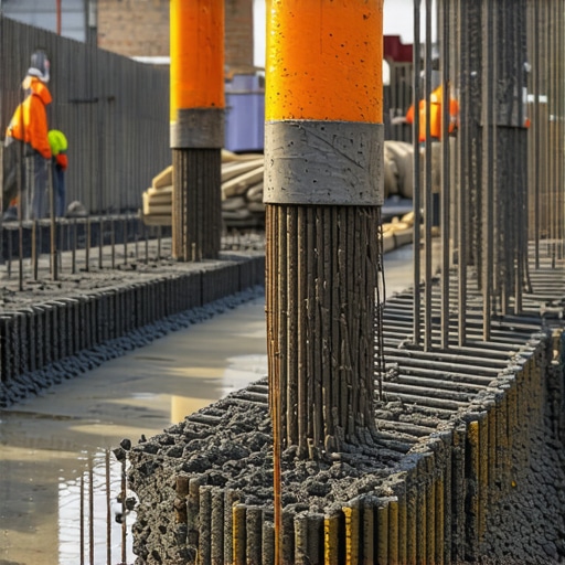 Construction workers pouring concrete into foundation form with rebar reinforcement