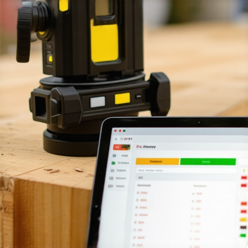 A laser level and a tablet showing project tracking software used in home construction.