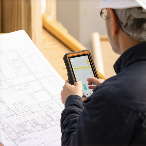 Homeowner measuring site with laser distance meter and reviewing digital plans.