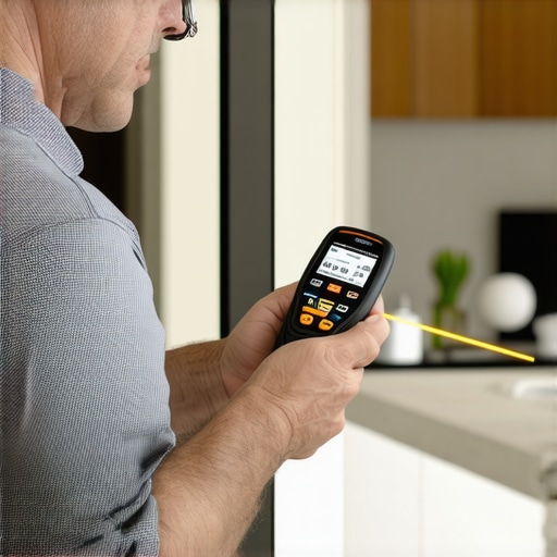 Homeowner inspecting the foundation with moisture meter and laser measure