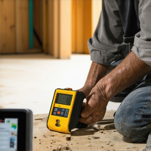 Contractor checking moisture levels and aligning walls with laser tools during renovation.