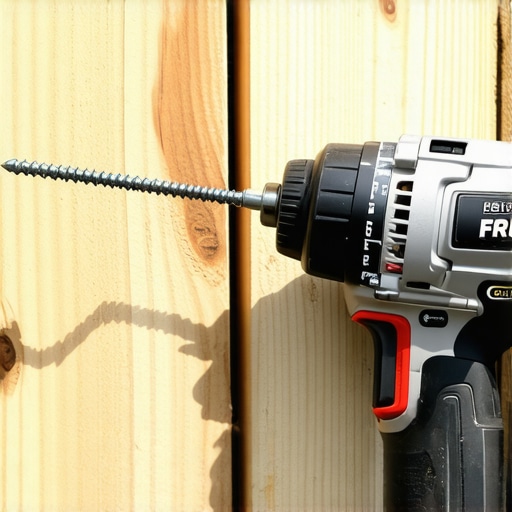 Close-up of screws being fastened into pressure-treated wood using a drill