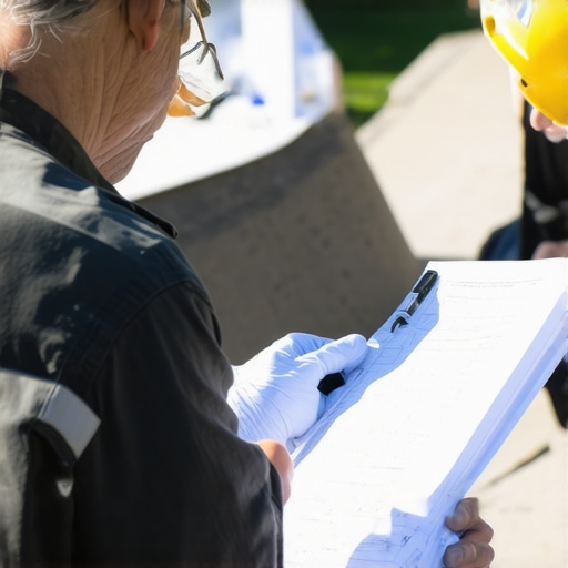 Homeowner and construction worker examining detailed concrete and reinforcement plans together.