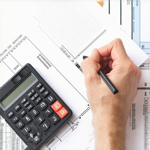 Contractor analyzing detailed construction cost estimates with calculator and plans