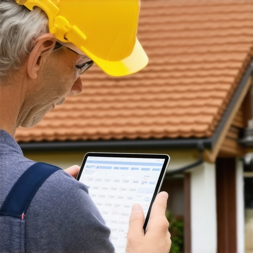 Homeowner planning maintenance schedule with digital device and technician on roof.