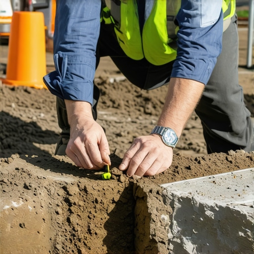 Geotechnical engineer analyzing soil samples with visible bedrock