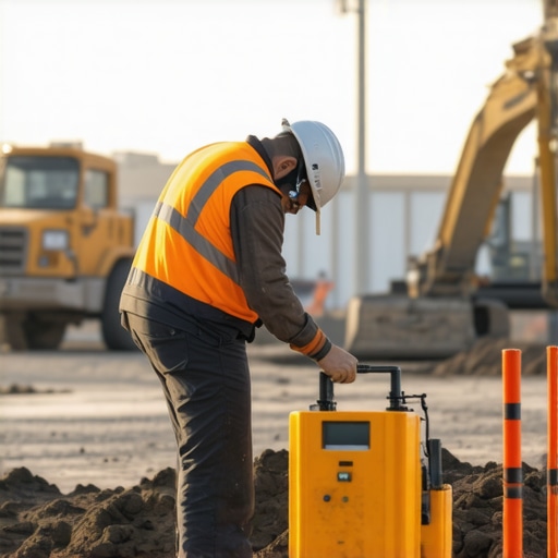 Geotechnical engineer collecting soil samples during site inspection.