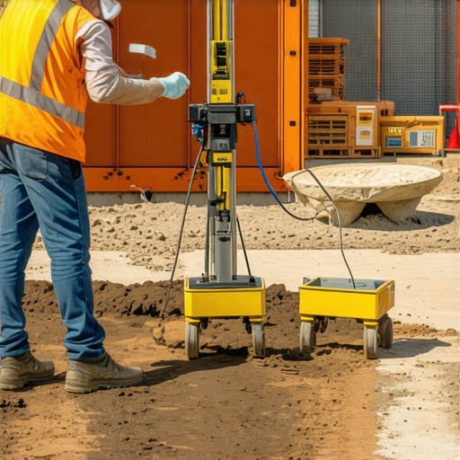 Soil Testing Procedure at Construction Site Geotechnical engineer performing soil test with equipment and soil samples on site.