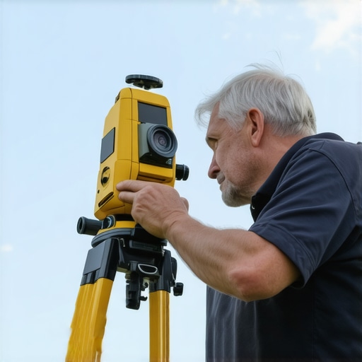 A surveyor in a hard hat using a theodolite to measure property boundaries in a suburban backyard.