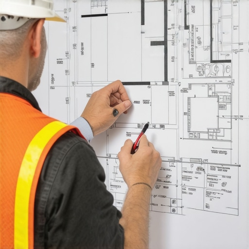 Contractor reviewing detailed construction plans with annotations