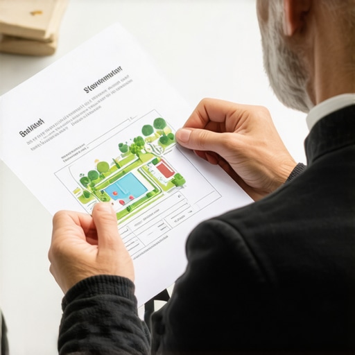 Homeowner consulting stormwater management guidelines with a landscape plan.