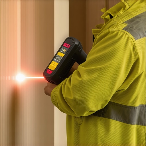 A construction professional measuring a building facade with a laser distance tool, emphasizing accurate long-term monitoring.