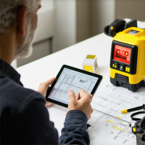 Using Modern Tools for Construction Management A person managing construction projects with digital tablets and laser measuring devices on-site.