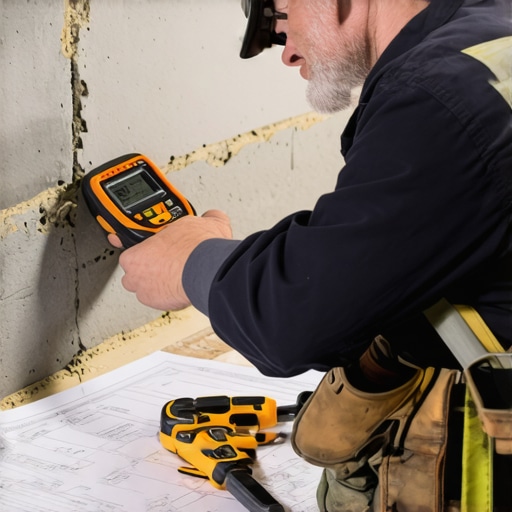 Technician inspecting foundation moisture levels with digital meter at construction site.