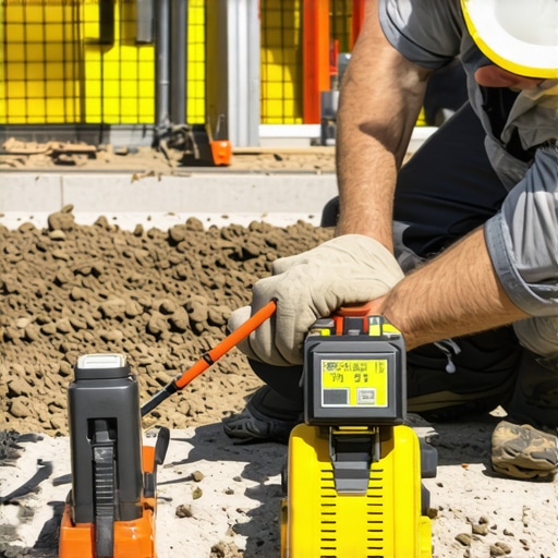 Contractor assessing foundation alignment with laser level and soil testing kit.