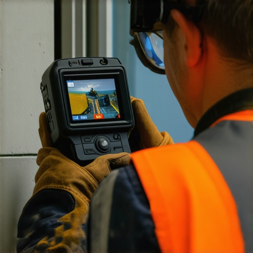A professional inspecting a wall with a handheld digital camera