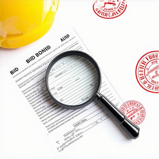 Contractor reviewing official bid bond documents with magnifying glass, emphasizing verification process.