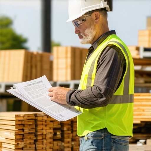 Inspector checking lumber and certification papers in a storage facility