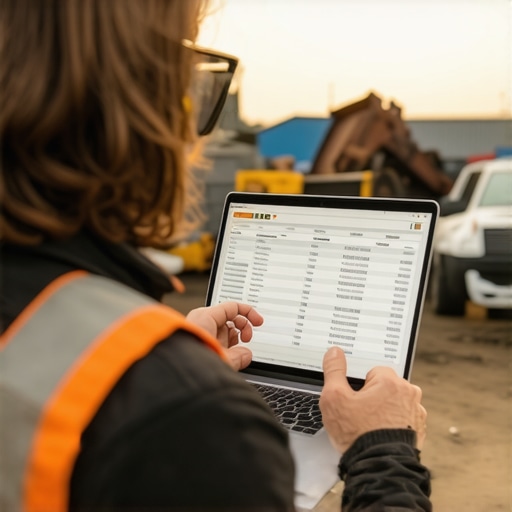 Person analyzing scrap metal prices with market data on a laptop at the scrapyard.