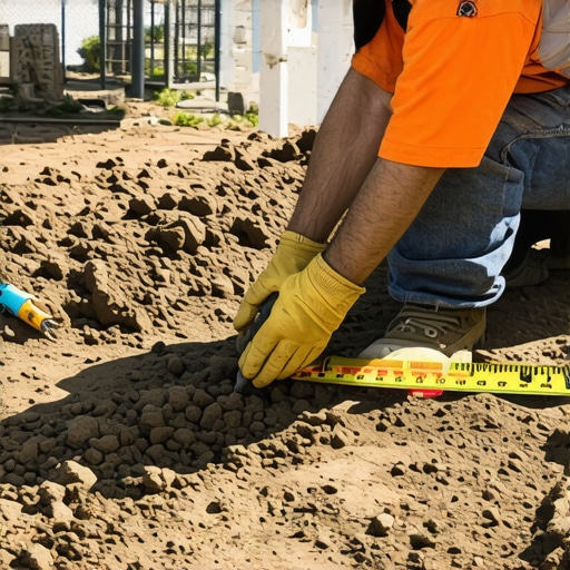 Accurate Footing Depth Measurement A construction worker measuring and marking the correct depth for a concrete footing in a backyard.