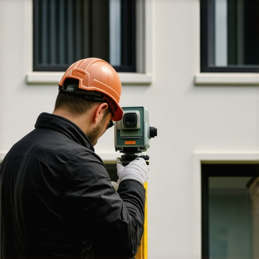A surveyor measuring the distance to a shed on a neighbor's property with a laser tool.