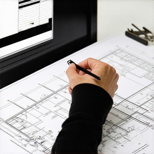 Analyzing Construction Plans for Permit Success Person reviewing blueprints and permit documents on a computer for construction project approval