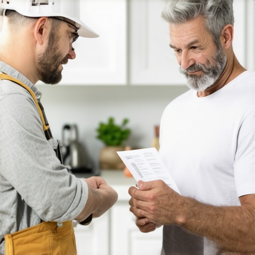 Homeowner examining detailed renovation estimate with contractor in a kitchen setting.