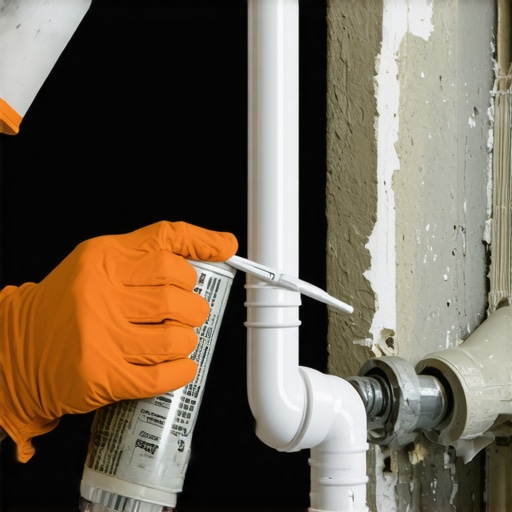 Close-up of caulk being applied around pipes for fire safety