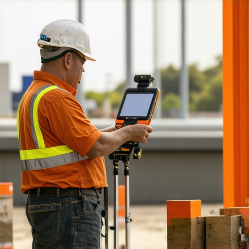 A construction professional calibrating GPS equipment to ensure measurement accuracy during project maintenance.