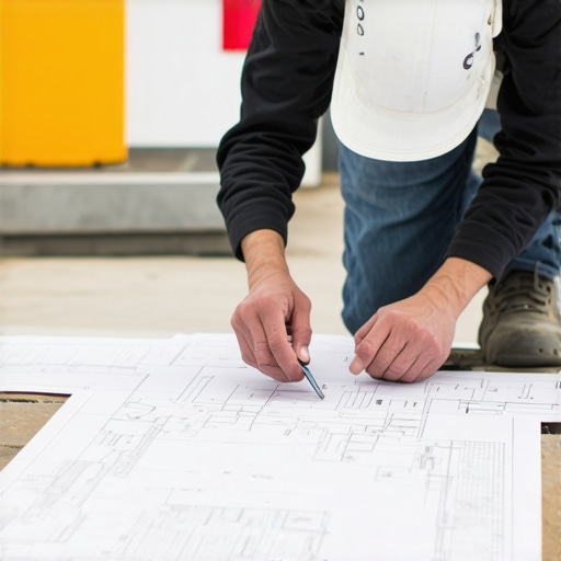 Engineer and contractor reviewing foundation blueprints on-site