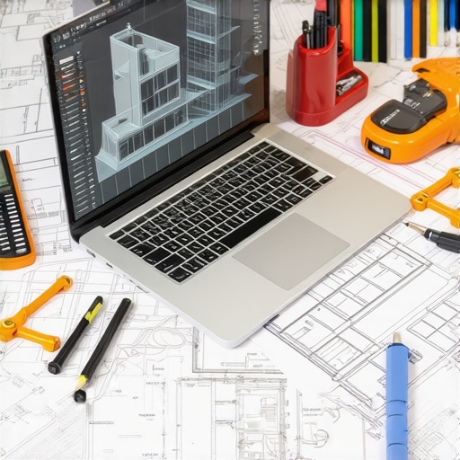 An estimator working on a laptop with 3D building models and traditional blueprints nearby.