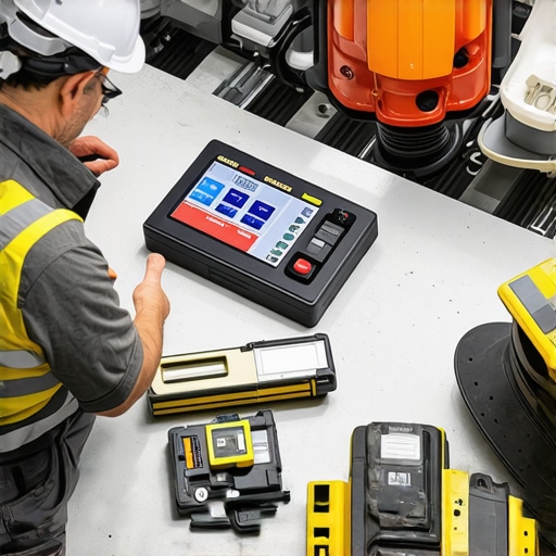 Construction Site Maintenance Tools Workers using digital tools to inspect construction equipment on site.