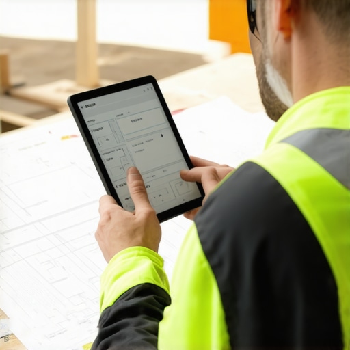 A builder managing project plans with digital devices on-site.