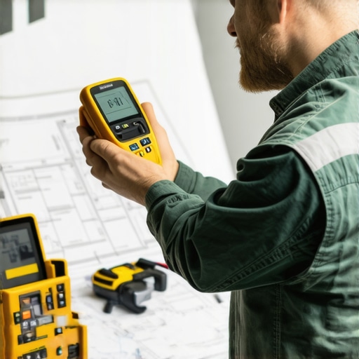 Construction worker measuring site with laser distance meter and reviewing digital plans