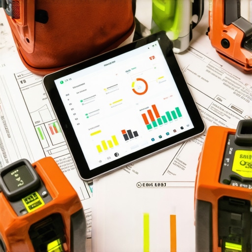 Builder using digital tools and laser level on construction site