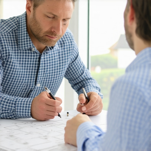 Homeowner discussing balcony plans with city planner using detailed drawings