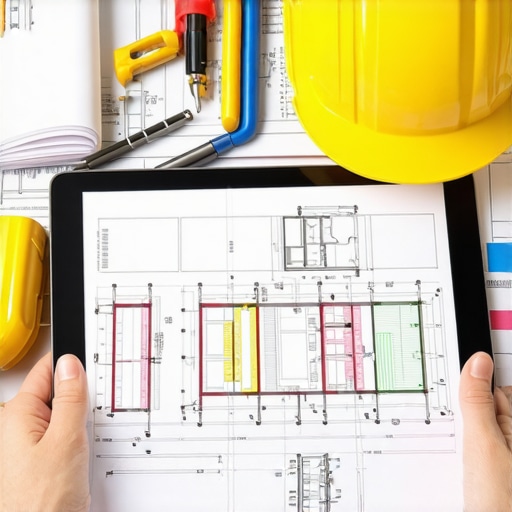 A tablet displaying construction project management software with blueprints and tools.