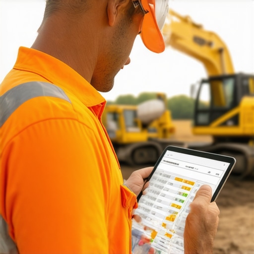 Digital Maintenance Planning in Construction Construction manager using a tablet to track machinery maintenance at a busy site.