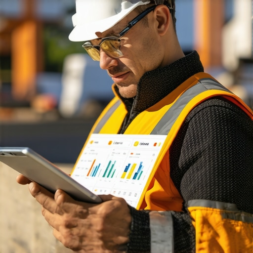 Digital Management in Construction Construction manager reviewing project data on a tablet at a building site.