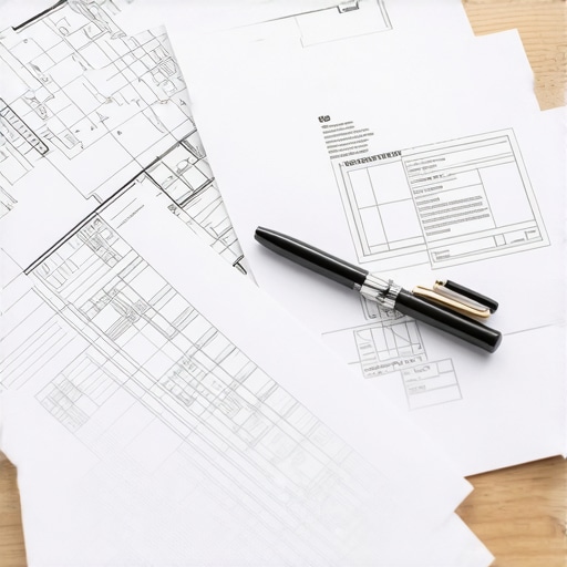 An architect reviewing plans and permits at a desk with paperwork and a laptop.