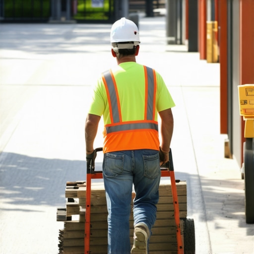 A construction worker maneuvering a hand truck with building materials through a narrow alleyway at a construction site