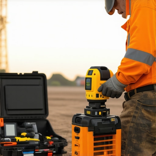 Construction worker calibrating laser level for precise measurements.