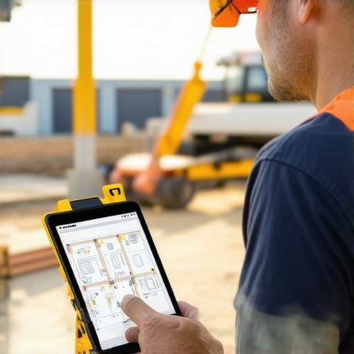 Essential Construction Maintenance Tools in Action Worker using laser distance meter and digital device on construction site
